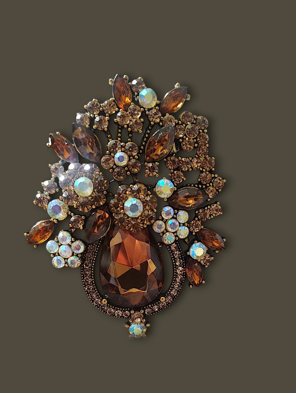 Amber Crystal Floral Bouquet Brooch